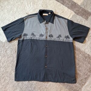 Sideout Destinations Mens Large Silk Palm Tree Embroidered Camp Shirt Charcoal